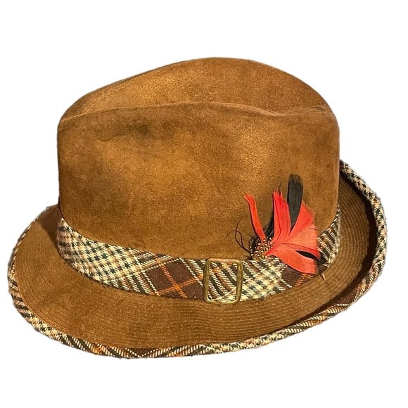 VTG Sportswear by Champ Fedora Hat Brown Suede Wool Plaid Band Feather Buckle - Picture 1 of 12
